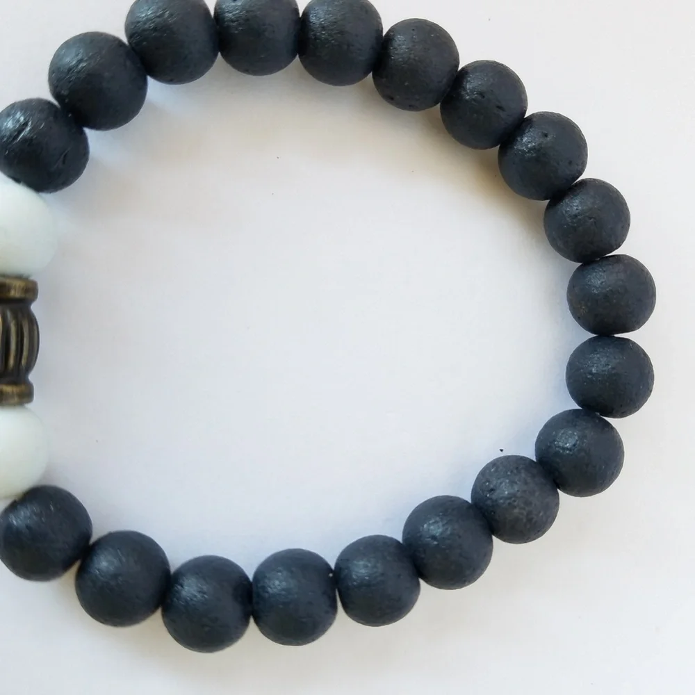 Hand Crafted Couple's Navy White Stone Beaded Bracelets Lava Stretch